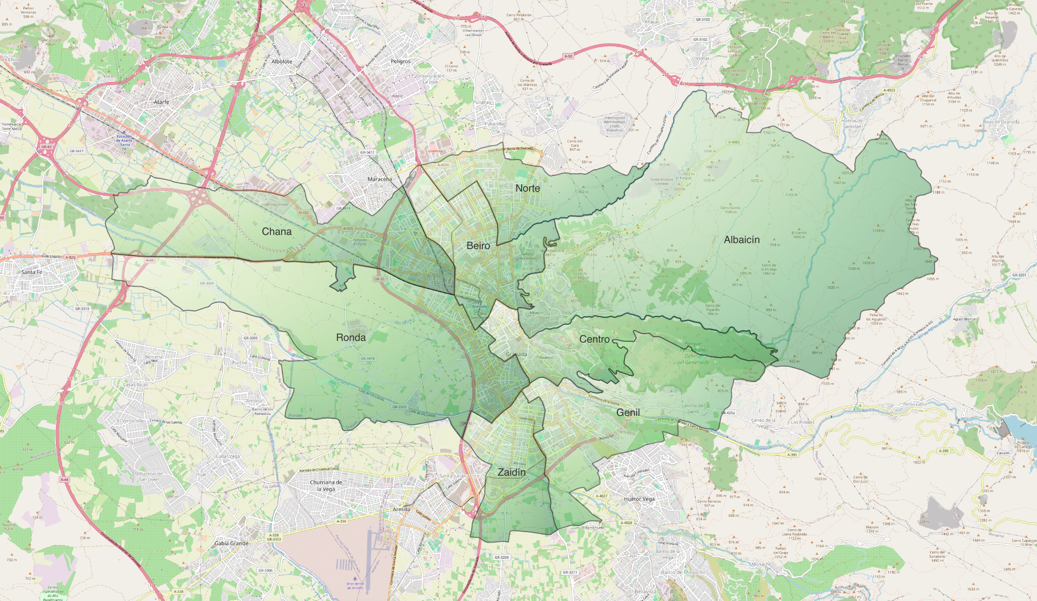 Mapa de distritos de Granada con límites y nombres