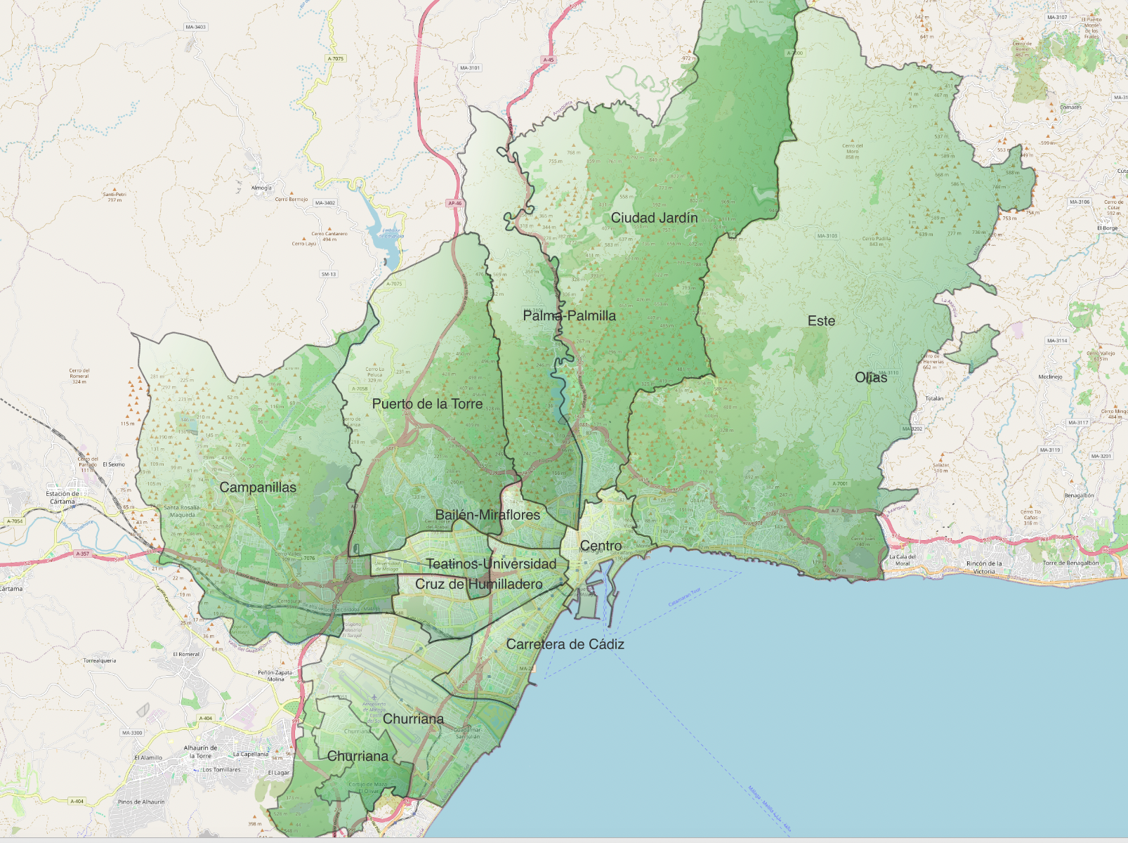 Mapa de distritos de Málaga con límites y nombres