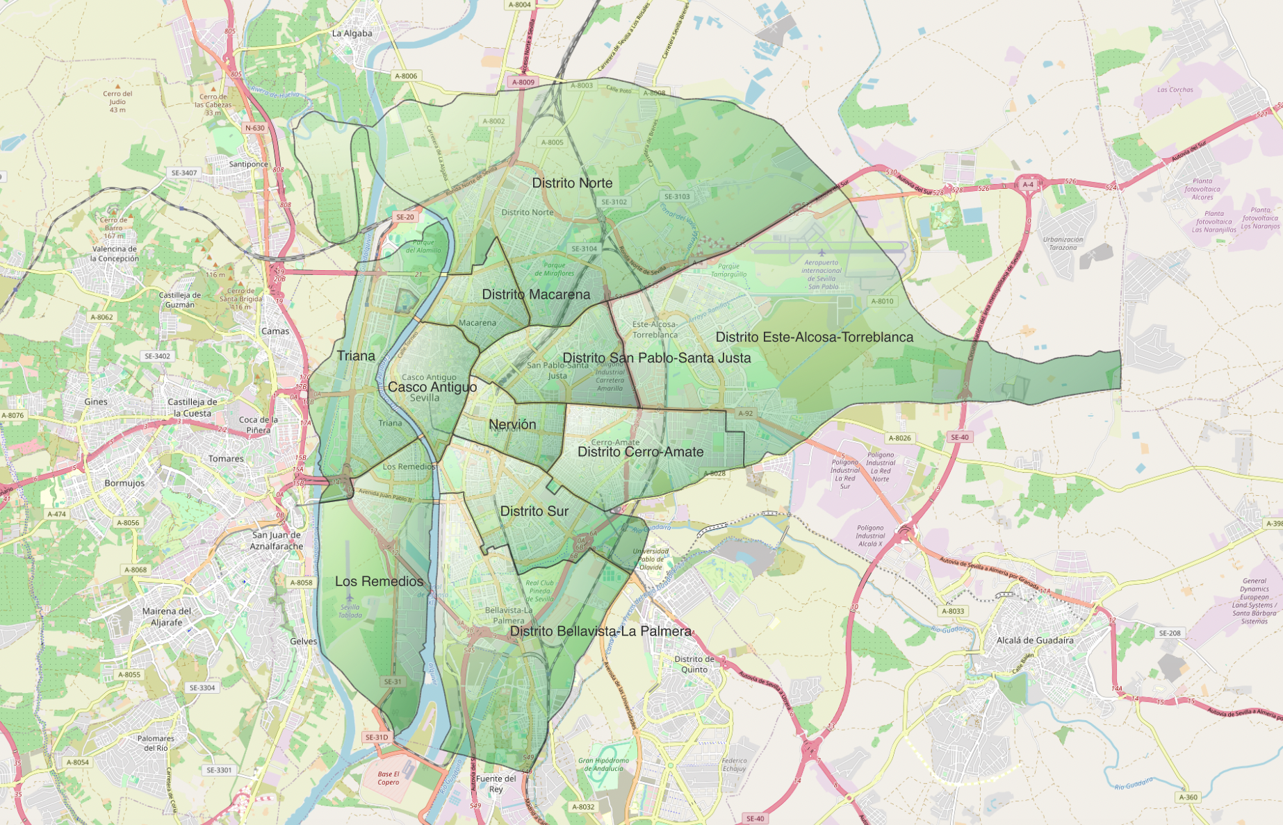 Mapa de distritos de Sevilla con límites y nombres